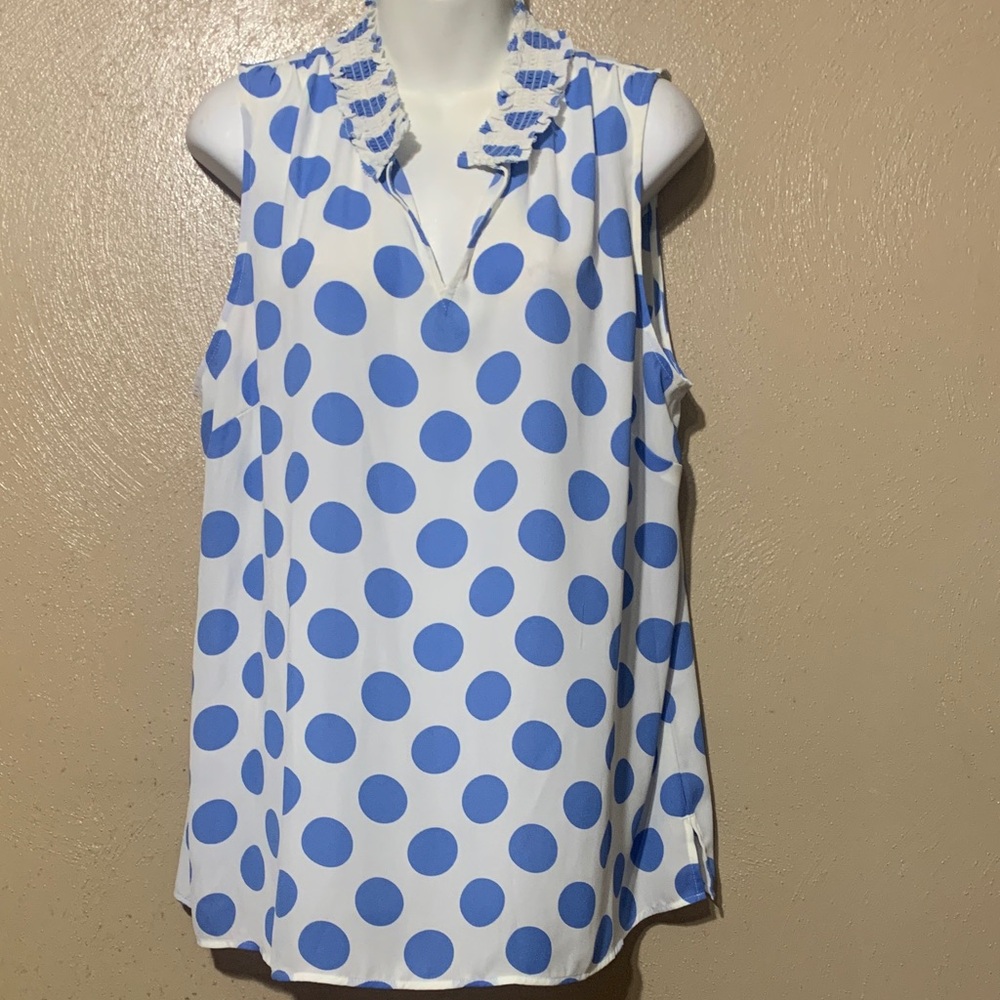 Talbots XL White and Blue Polka Dot Sleeveless Ruffled V-Neck Camisole NWT